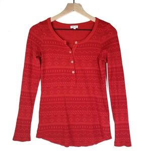 Splendid‎ Nordic Thermal Henley S Red Waffle Long Sleeve Top Fairisle
